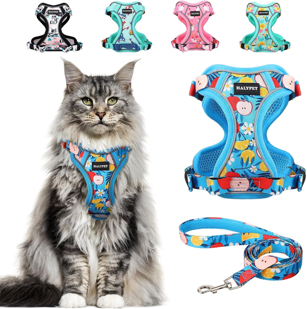Cat Harness and Leash Set[MAX Safety 4th-Gen] Cute Escape Proof Vest - H603 Pro Azure Floral / Medium (13-18lb)