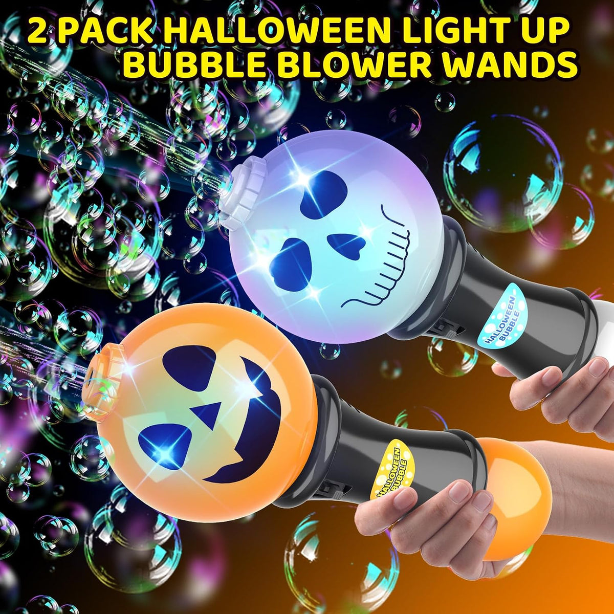 SpringFlower 2-pack LED bubble wands with pumpkin faces and Halloween stickers - view 2