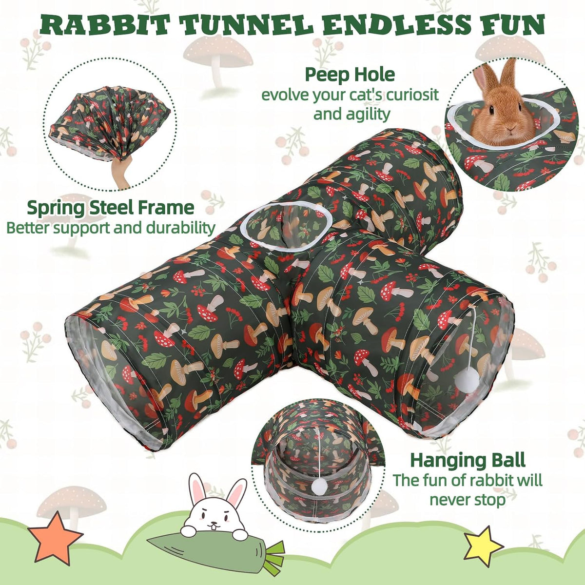 Bunny Tunnels & Tubes, 3-Way Collapsible Rabbit Hideout for Bunnies – Essentials for Small Pets - Mushroom - image 3