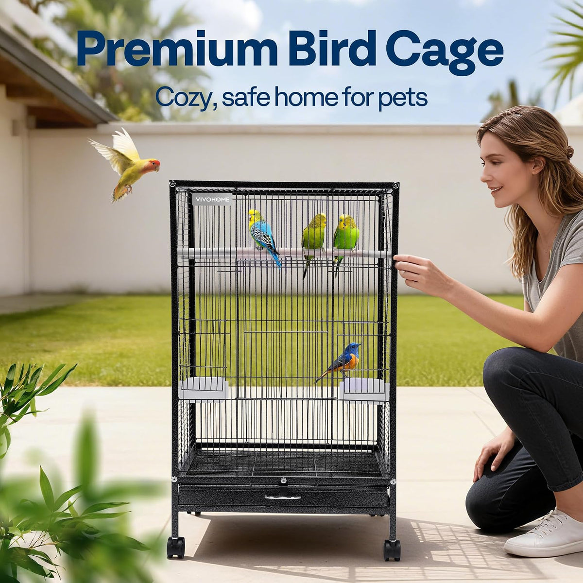 VIVOHOME Wrought Iron Bird Cage with Rolling Stand - Black - image 2