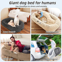 Human Dog Bed, 71''x45''x12'' Size Fits You and Pets, Washable Faux Fur Pet Bed for People Doze Off, Napping Orthopedic Dog Bed, Present Plump Pillow, Blanket, Strap - Dark Grey