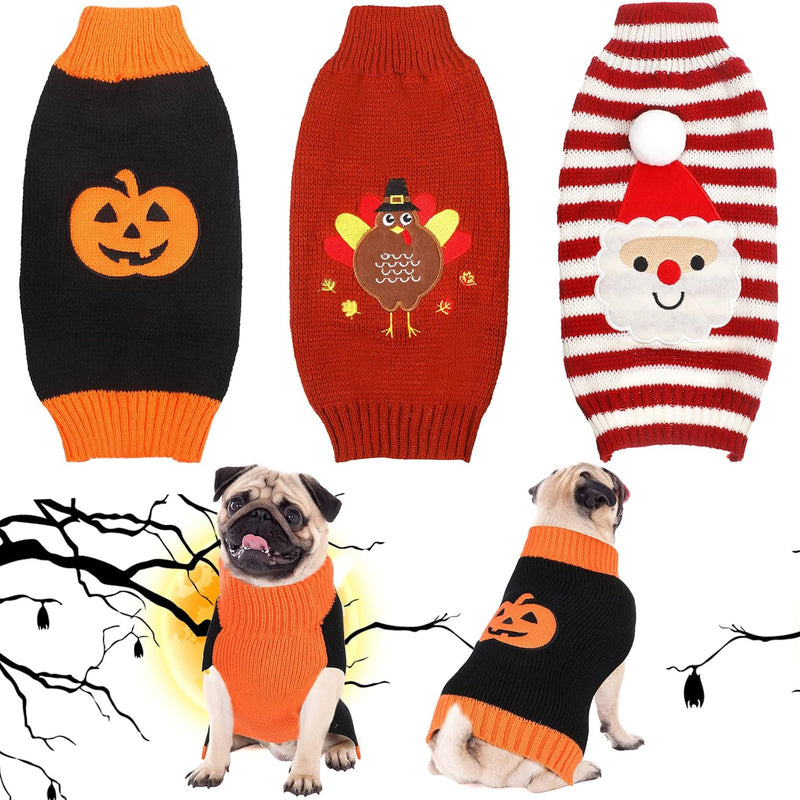 3 Pcs Halloween Thanksgiving Christmas Dog Kint Sweaters Sets, S – Essentials for Dogs - Large / Turkey,Santa,Pumpkin