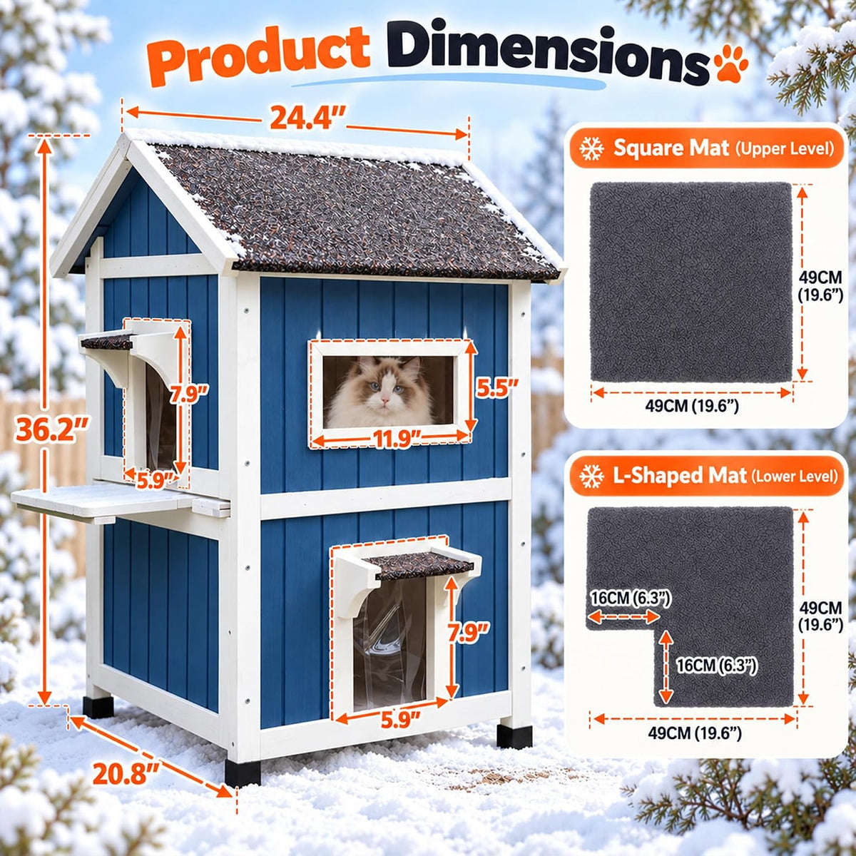 2-Layer Outdoor Cat House with Soft Mat - Blue-with Mat - image 2