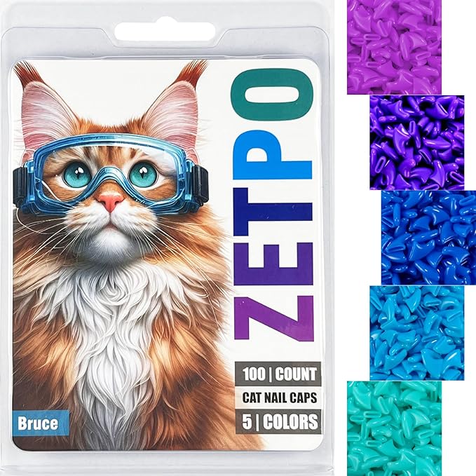 zetpo 100 pcs Cat Nail Caps | Cat Claw Covers | with Adhesives and Applicators (XS, Purple, Violet, Blue, Sky Blue, Turquoise)