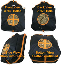Majestic Ally Nylon Hay Feeder Tote Bag for Horse, Goat, Sheep - Double Sides Open Feed Hole with Faux Leather Ventilated Bottom- Premium Quality -Simulates Grazing - Reduces Waste (Black)