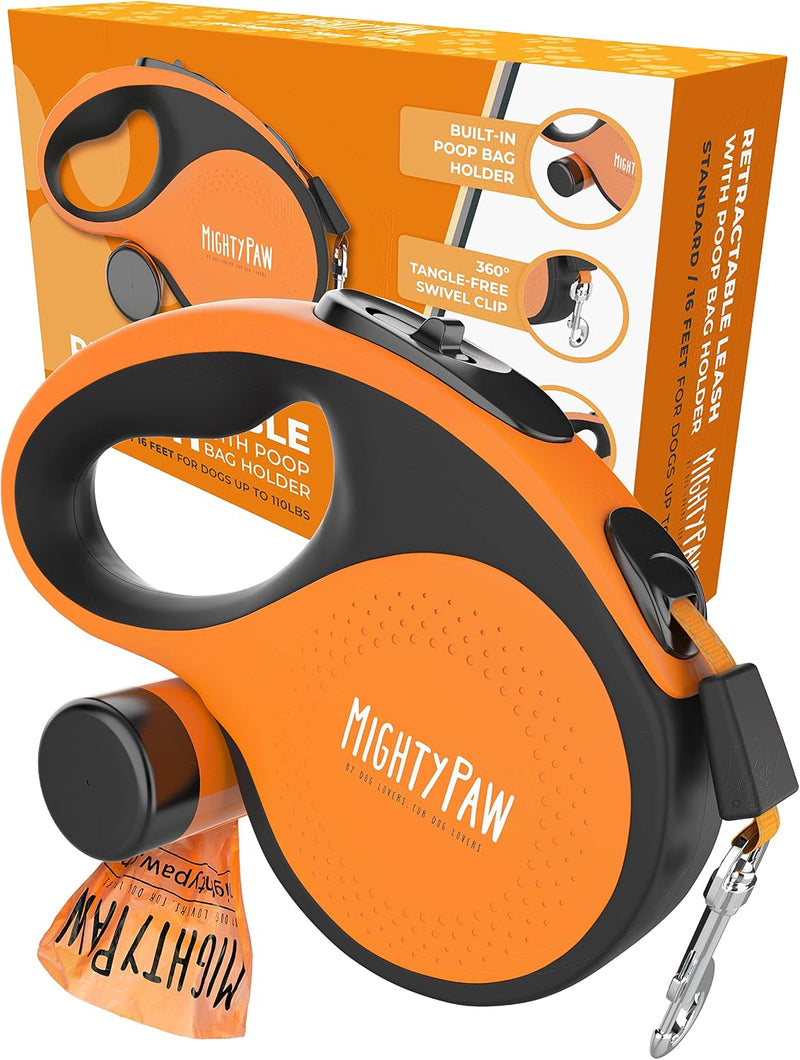 Mighty Paw Retractable Dog Leash, for Large Dogs, Auto-Locking - Deluxe Orange / 50 - 110 lbs