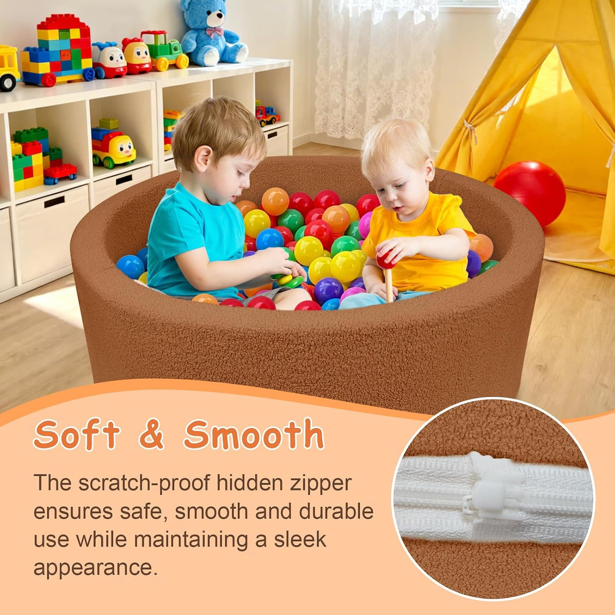 MEOGETY beige teddy fleece foam ball pit for toddlers with soft round walls - view 13