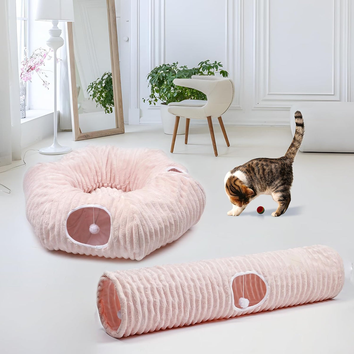 Luxurious Cat Tunnel,43" Straight Cat Tunnel Toys with Balls for Indoor,Collapsible Peekaboo Cave - Pink Stripe - image 2