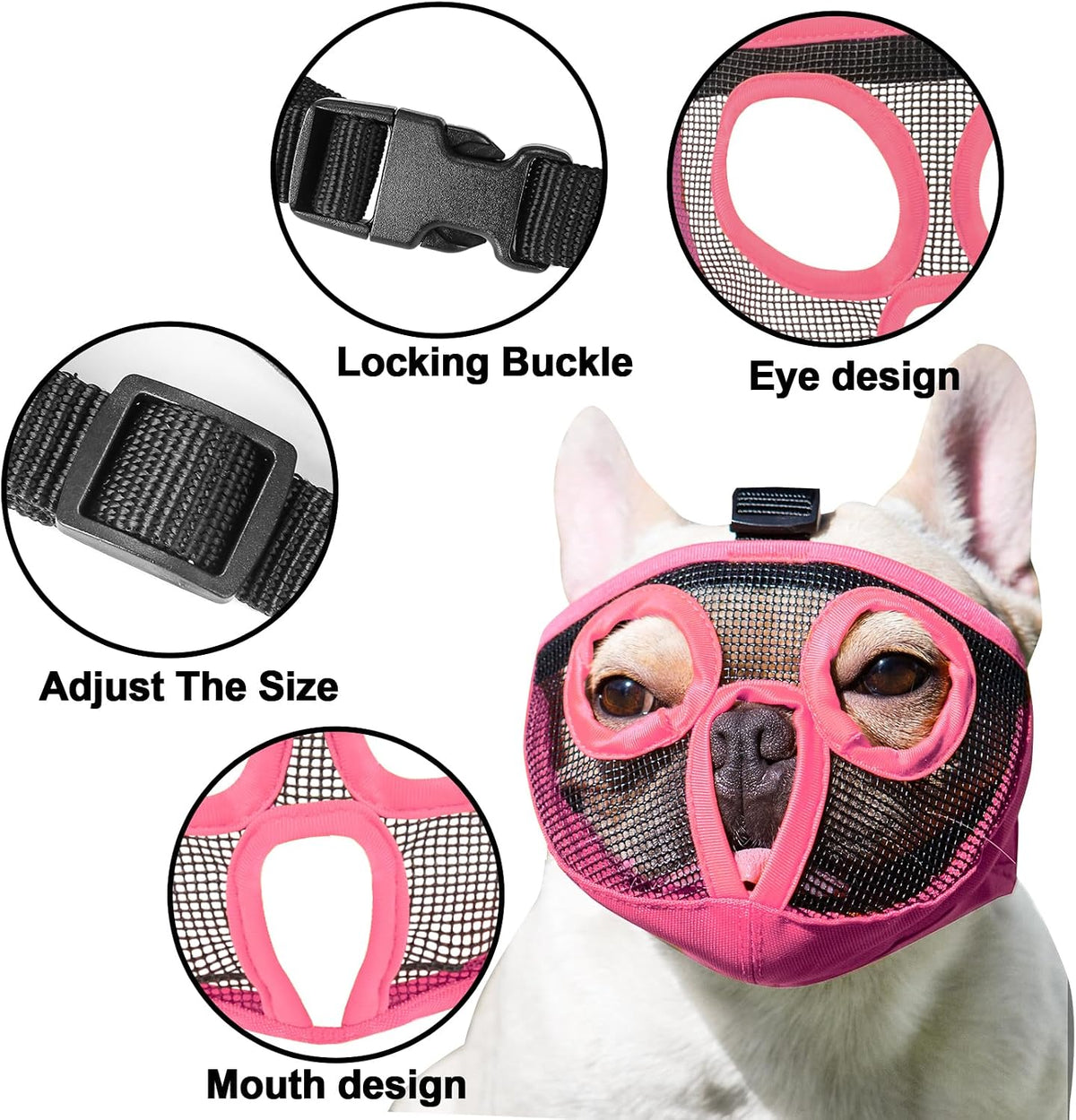 Short Snout Dog Muzzle - Adjustable Breathable Mesh Bulldog Muzzle for Biting Chewing Barking - Pink / X-large/ 18"-25" - image 2