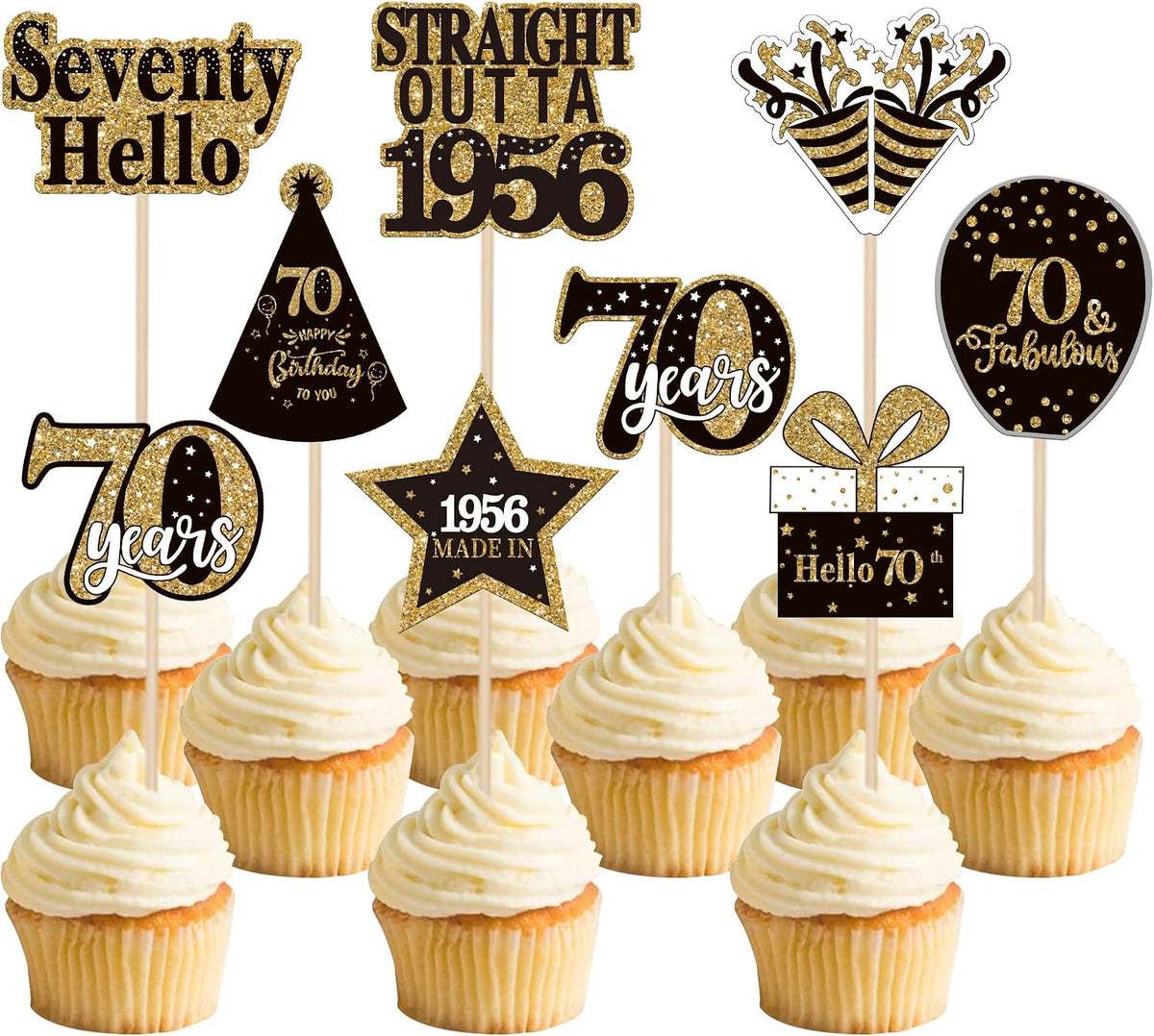 36PCS Happy 80th Birthday Cupcake Toppers Double Sided Black Gold - Straight Outta / 70th