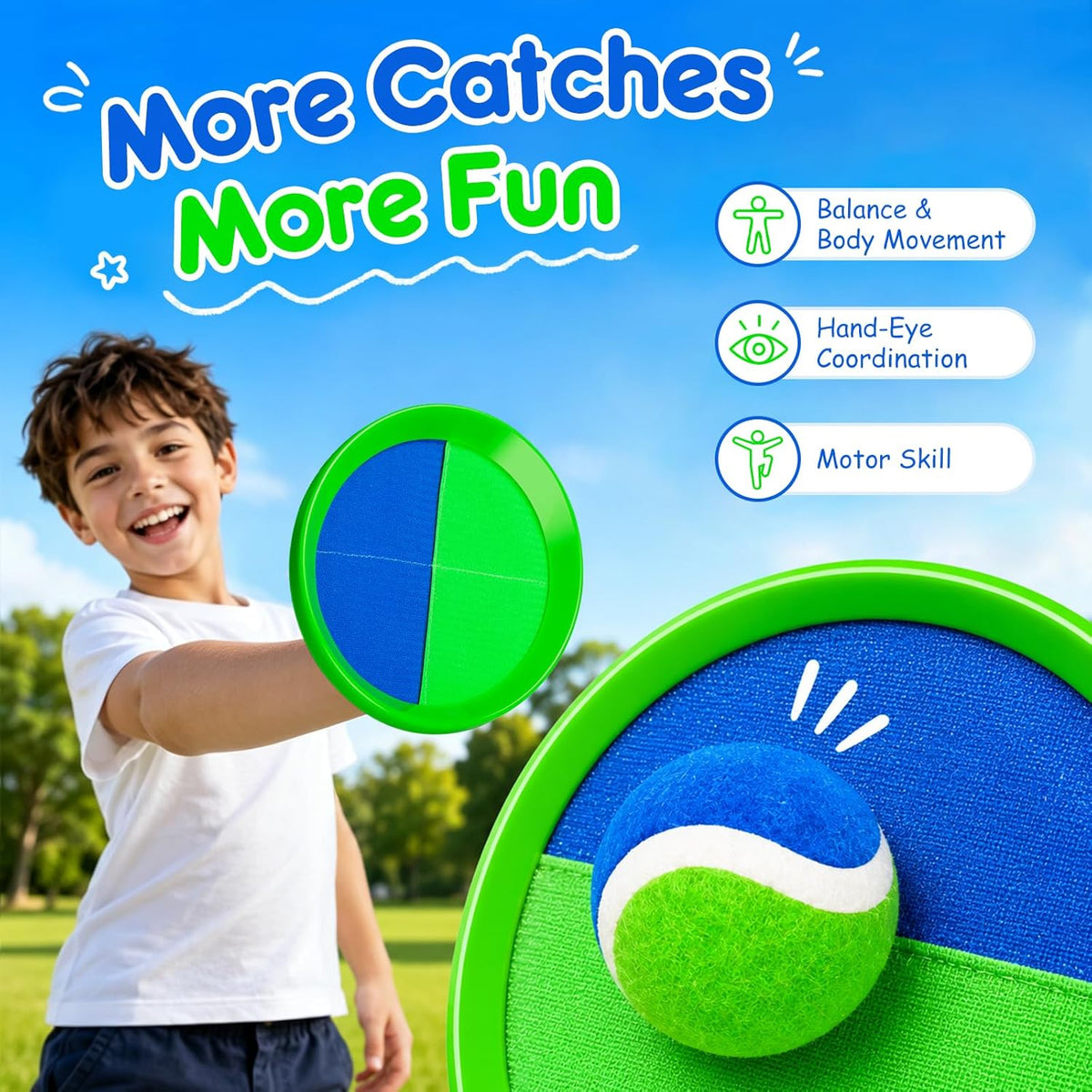 EVERICH TOY Toss and Catch Ball Game Set - Blue Green / 4 Paddles 4 Balls - image 2