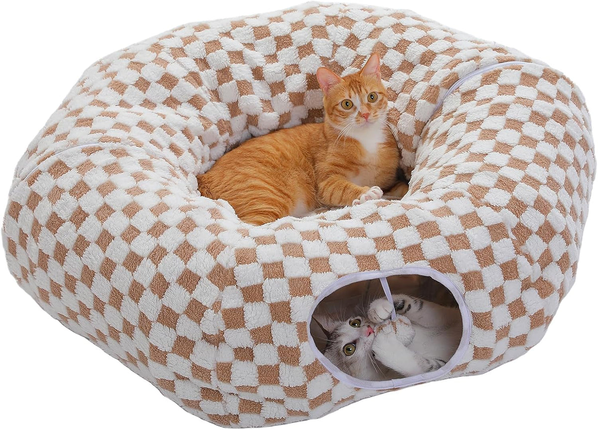 PEQULTI Beige Donut Cat Tunnel Bed Washable Plush Mat Multi for Small - Brown