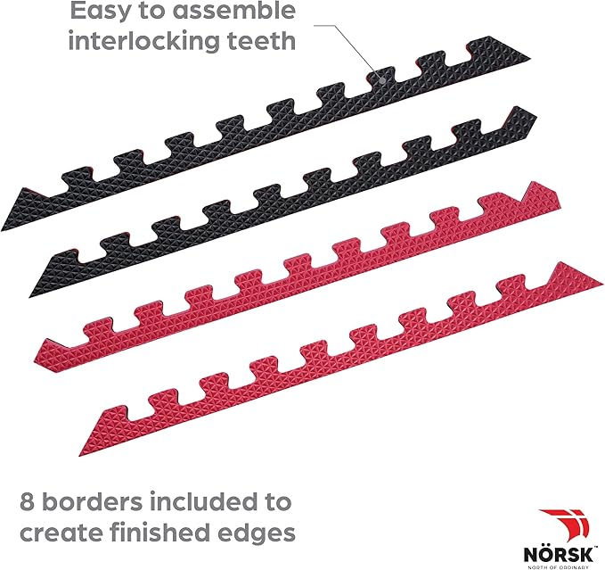 Norsk Reversible Gym Exercise Mats 3/4" Thick EVA Interlocking Foam Tiles, Perfect Gym Flooring for Home Gym, 4 Tiles & 8 Trim Pieces, 16 Sq. Ft. 24"x24", Red/Black