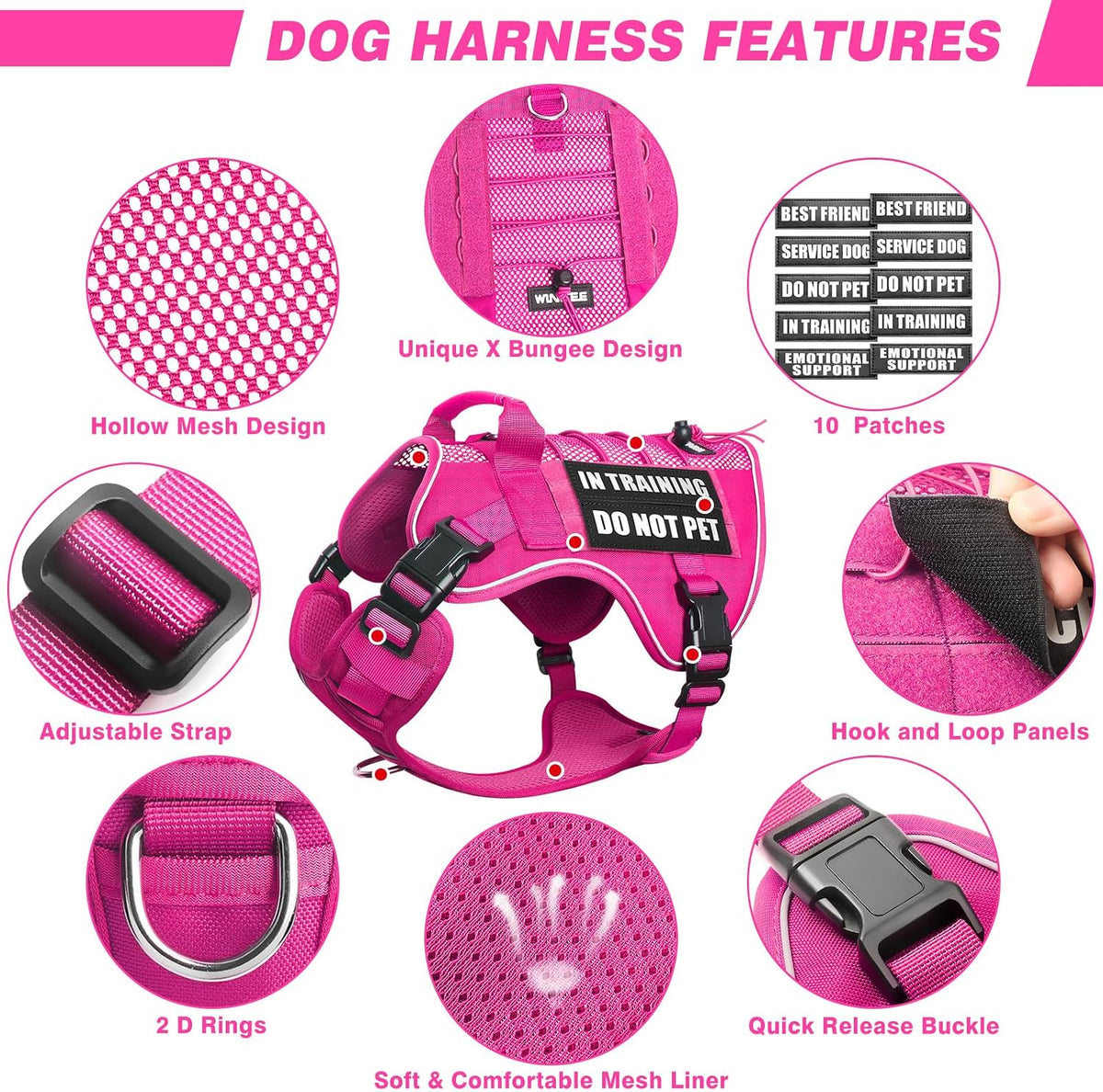 WINSEE Service Dog in Training Mesh Harness with 10 Removale Pet - Medium / Pink - image 4