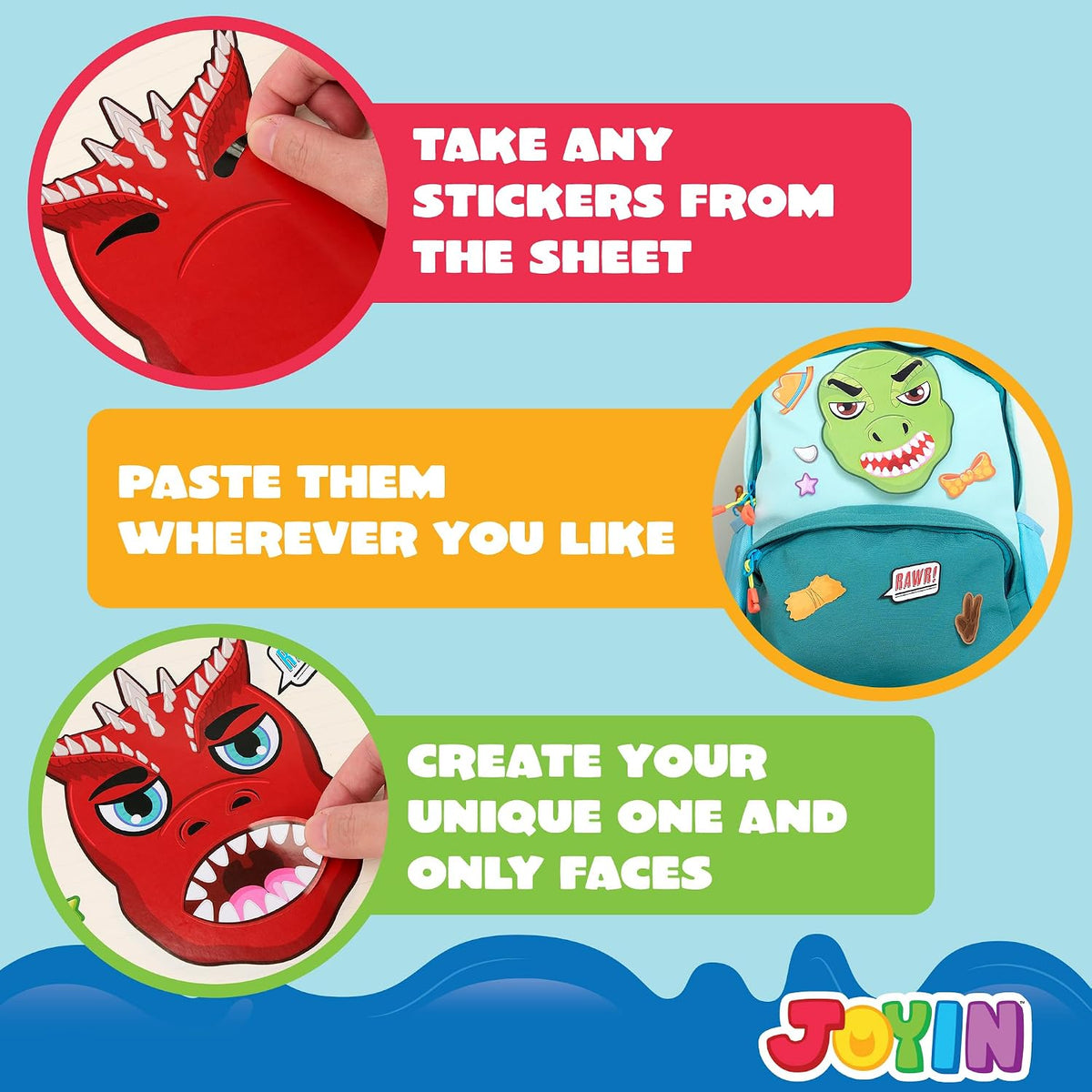JOYIN 36 Sheets 9"x6" Make a face Stickers for Kids - Dinosaur - image 4