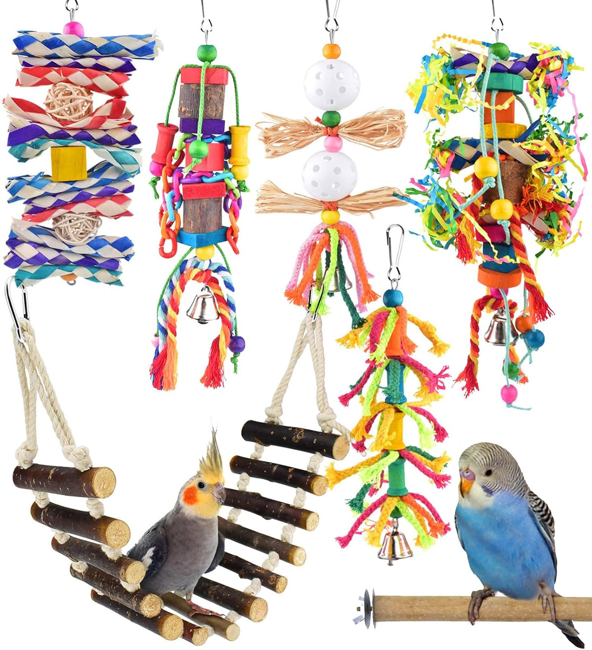 KATUMO Bird Toys, Parakeet Swing Parrot Ladder Cockatiel Perch Conure Hanging Bell Toys - Burlywood ladder set (7 IN 1)