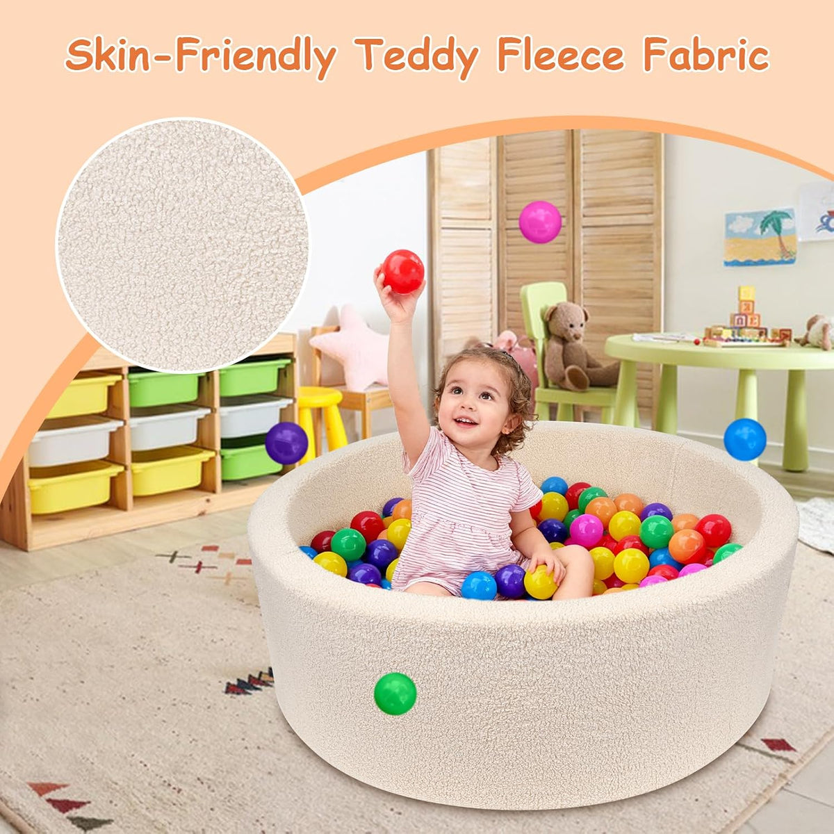 MEOGETY beige teddy fleece foam ball pit for toddlers with soft round walls - view 21