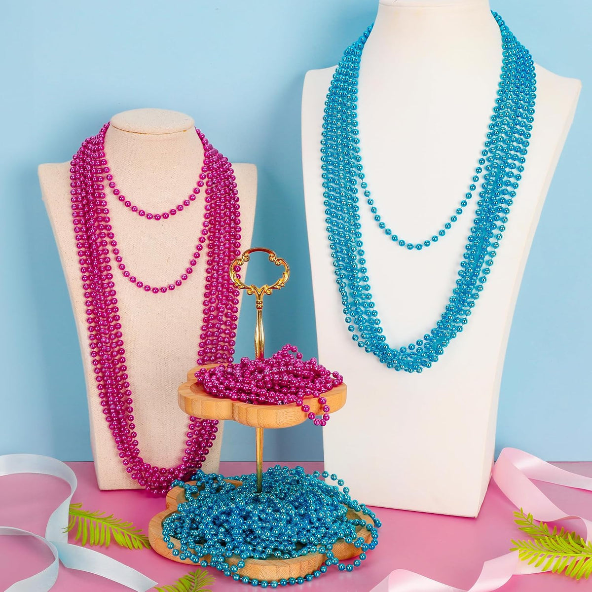 EOBOH 12PCS Mardi Gras Beads, Gold Beaded Necklace Stuff Set - Pink and Blue / 12 - image 3