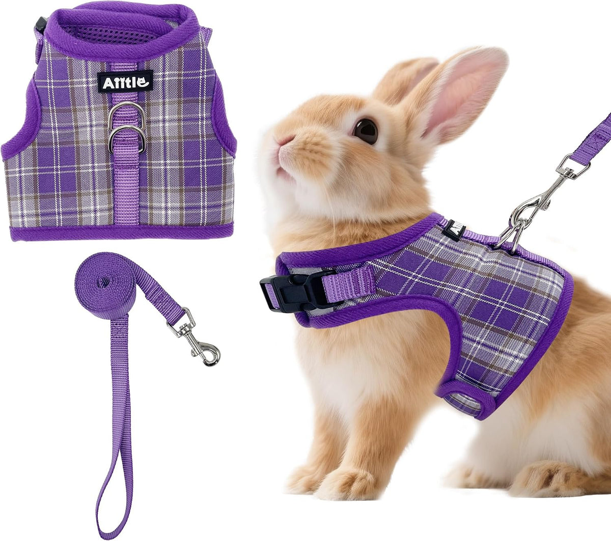 Plaid Breathable Rabbit Harness and Leash Set Escape Proof - Purple / S