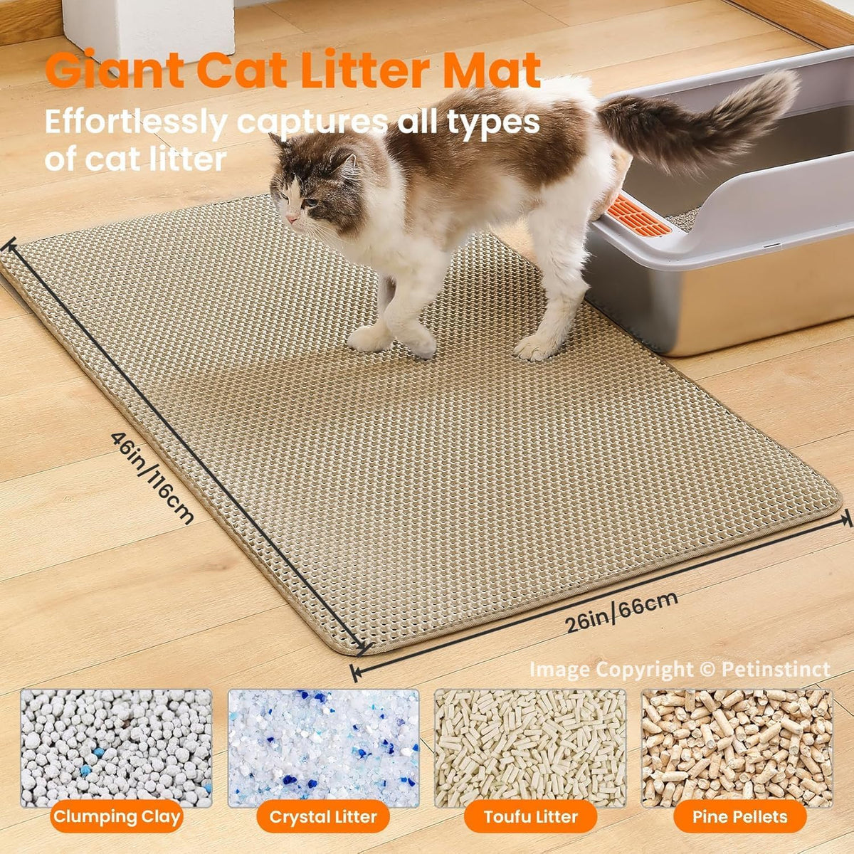 Cat Litter Mat, Double Layer Honeycomb Litter Box Mat – Daily Care for Cats - 46x26 Inches / Beige - image 2