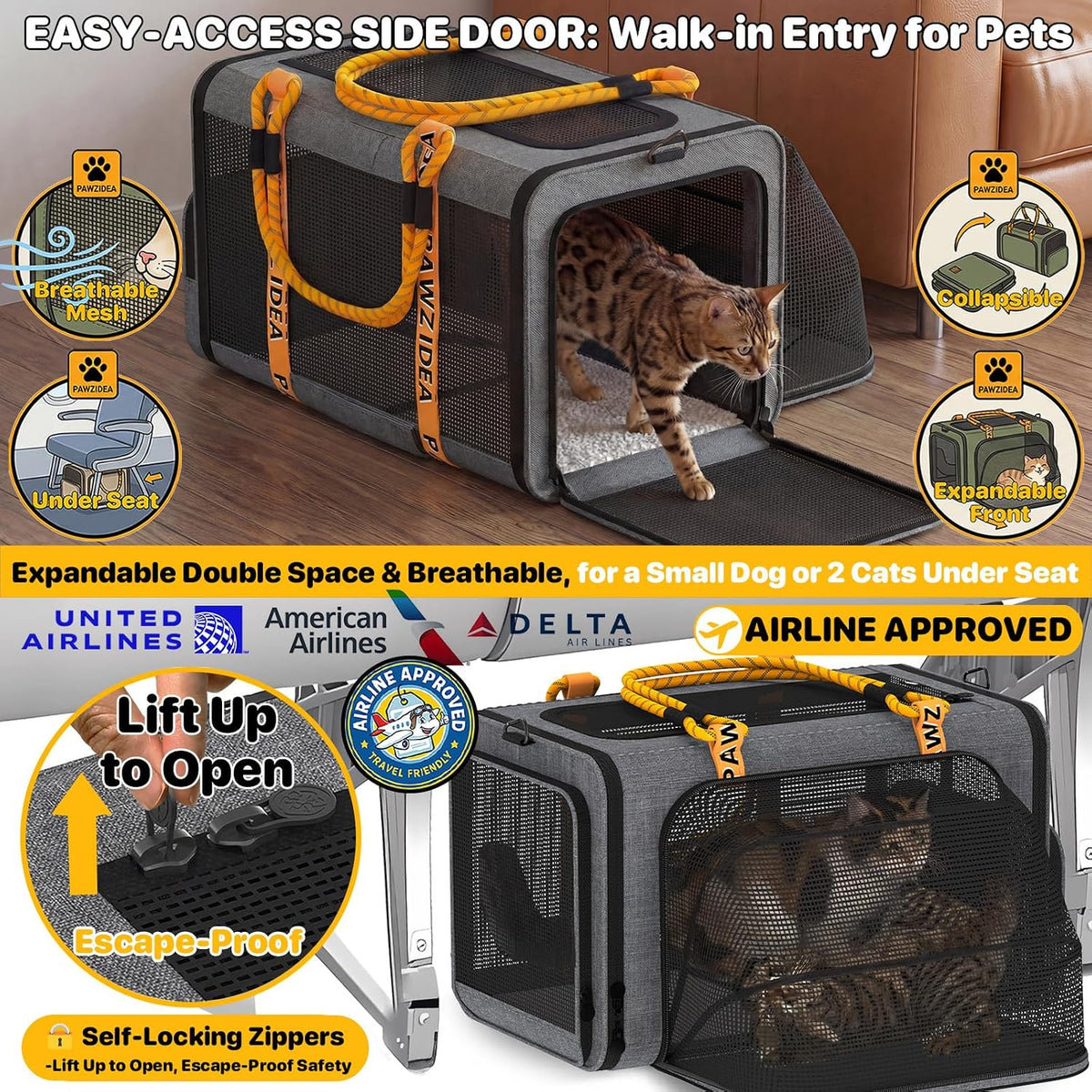 Expandable Pet Carrier for Small Cats & Dogs - 18.0"L x 11.0"W x 11.0"H / Mid-Hemp Gray - image 3