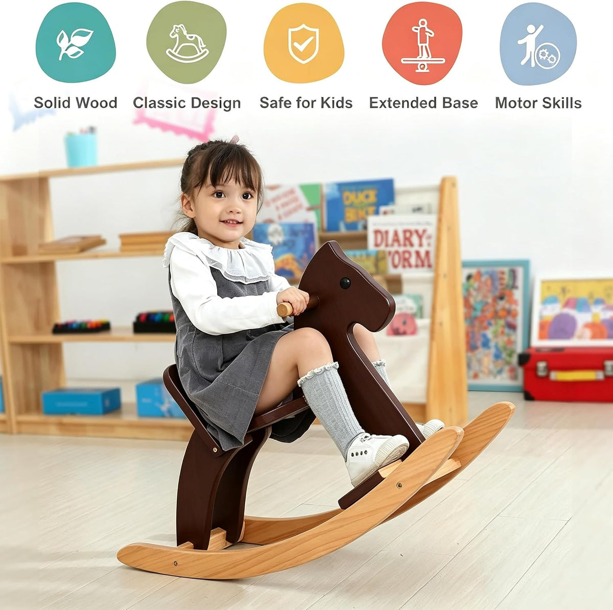 KRAND natural pine kids wooden rocking horse with handrail, backrest and foot pedal - view 7