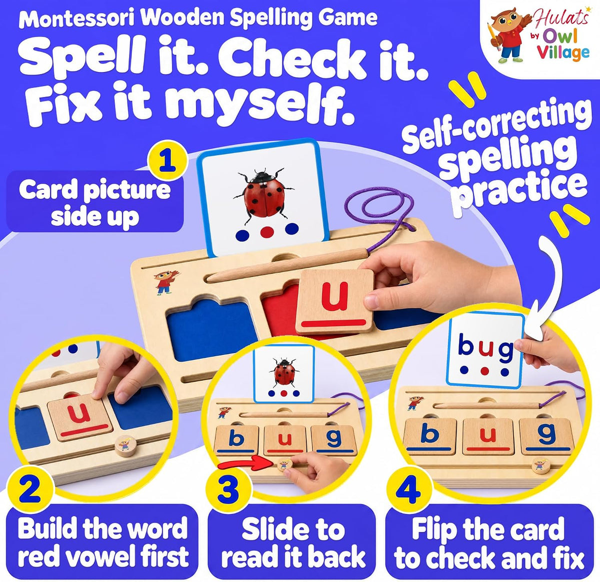 Hulats CVC word phonics game with wooden blending board, letter tiles and flash cards - view 4