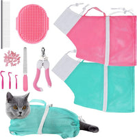JULMELON Cat Washing Bag 10 PCS Set, Adjustable Cat Shower Net Bag and Pet Grooming Brush with Nail Clipper Nail File Hair Combs Tick Tool Nail Caps for Bathing Nail Trimming Examination(Pink+Green)