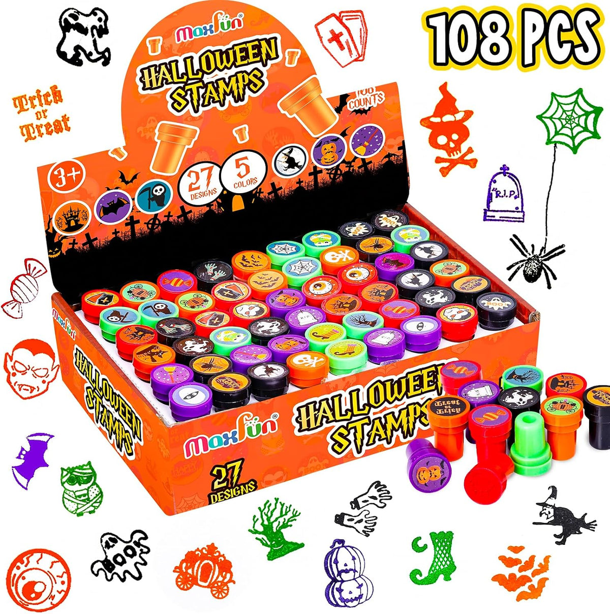 Max Fun 108 pack Halloween stamps for kids in 27 designs including pumpkins, ghosts and bats - view 2