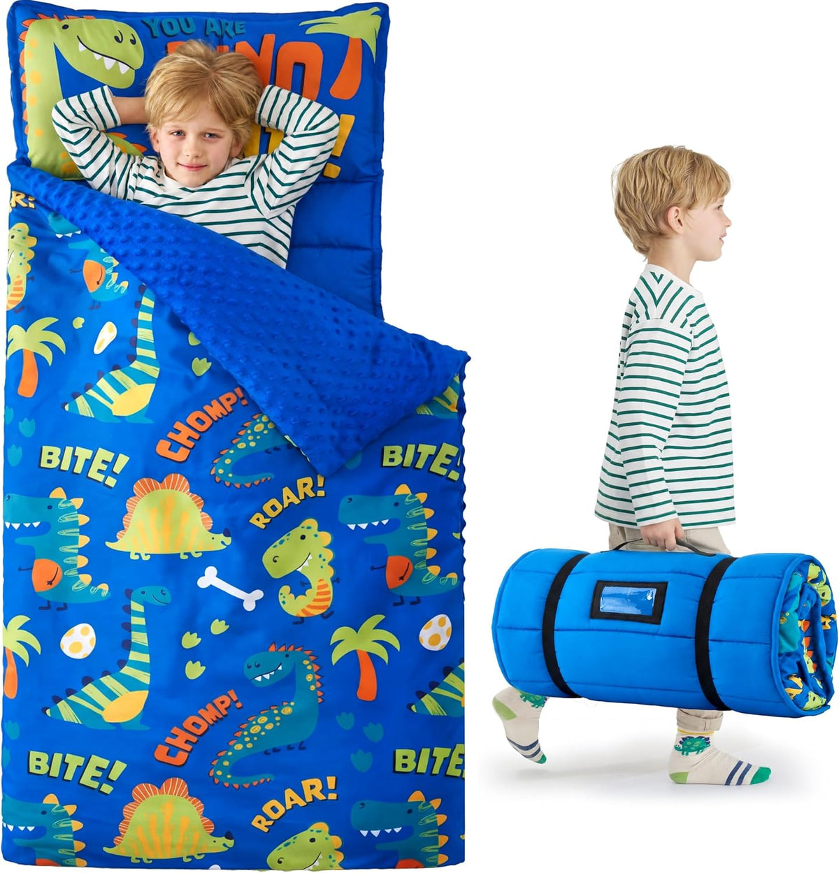 JOIEDOMI Toddler Nap Mat with Removable Pillow and Minky Blanket - Blue Dinosaur