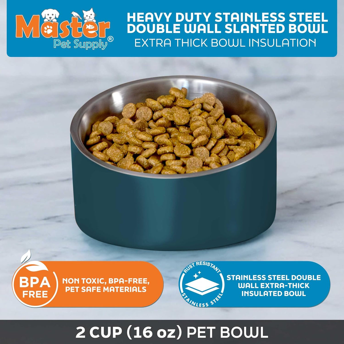 Master Pet Supply Stainless Steel Slanted Dog Cat Food Bowl 24 oz - Emerald Sea / 2 Cups (16 oz) - image 2