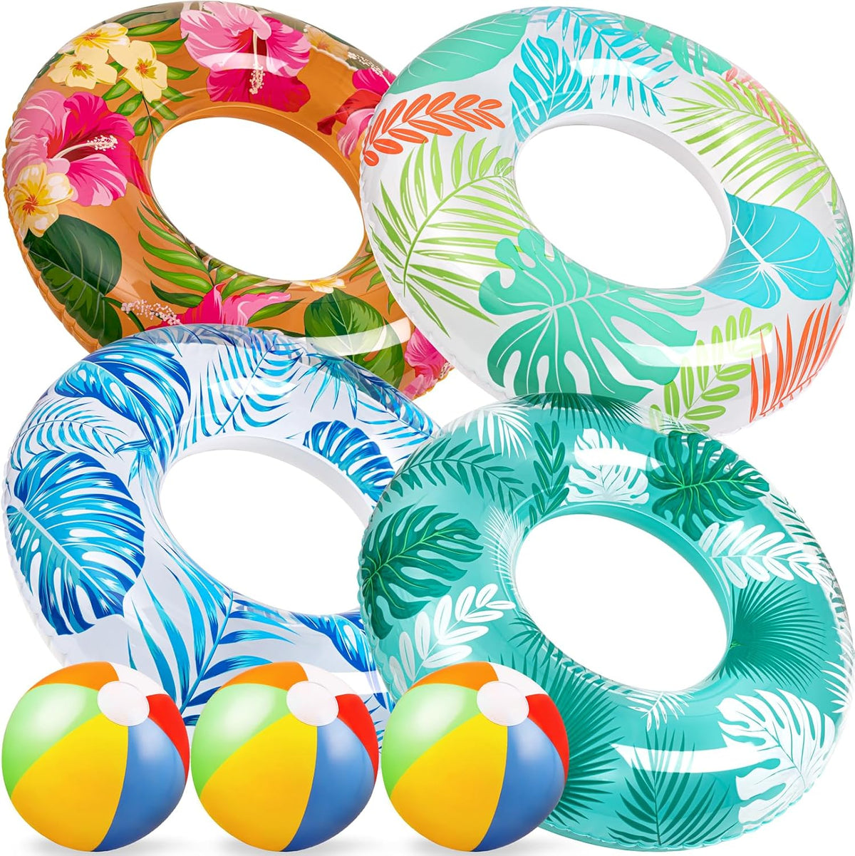 90shine luau pool floats set with 4 tropical swim rings and 3 beach balls