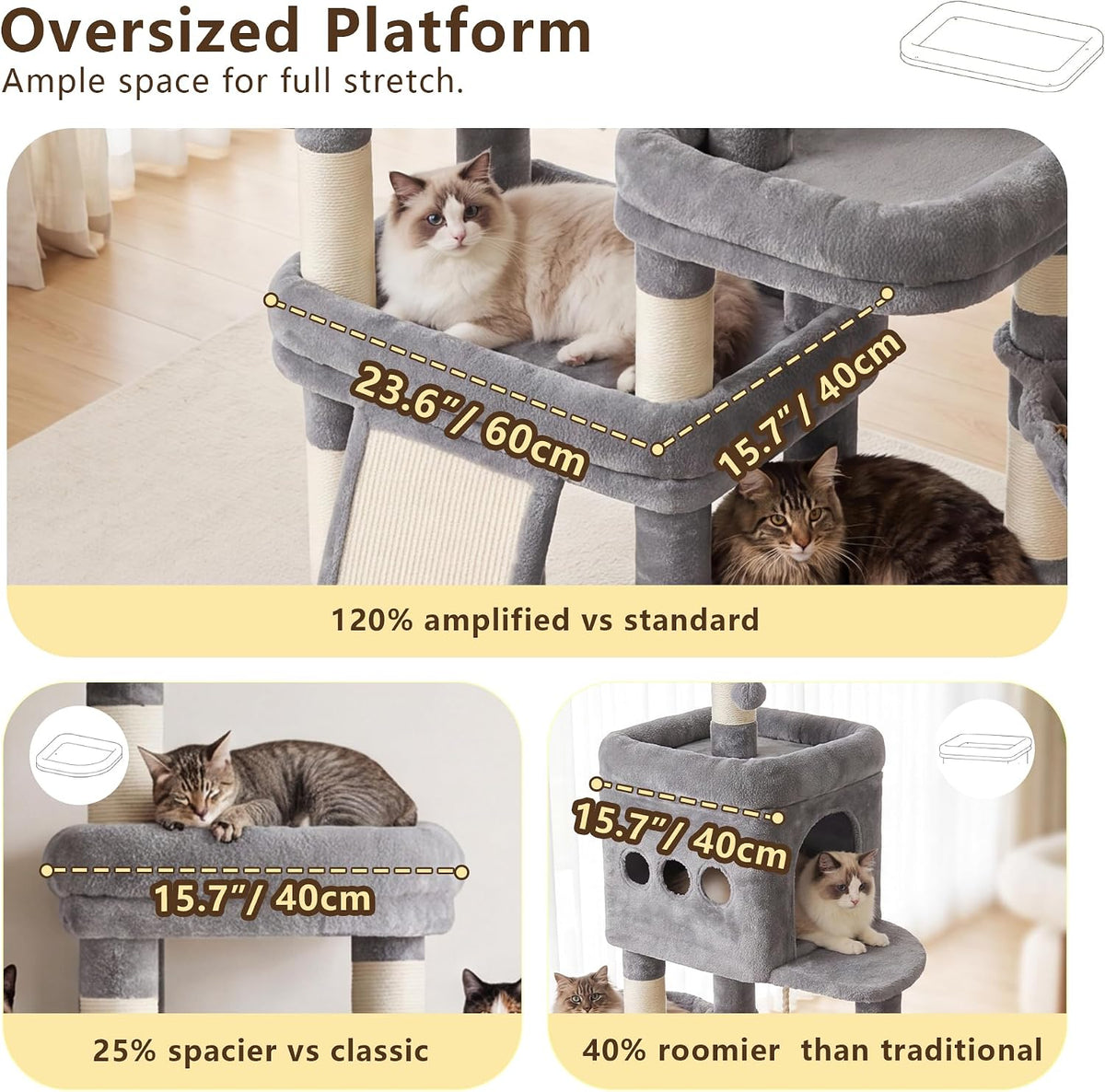 Heybly Cat Tree 72.4-Inch Anti-Tip Cat Tower with Spacious Perches - Light Gray / 72.4 inch - image 2
