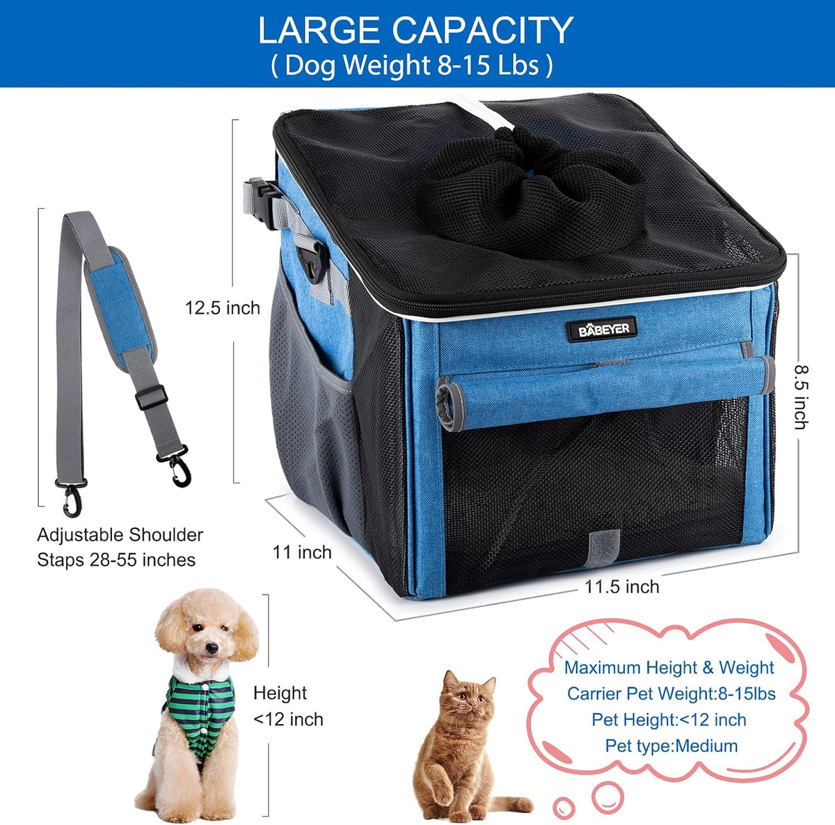 Dog Bike Basket, Soft-Sided Dog Bike Carrier with 4 Mesh Windows for Small Dog Cat Puppies - Grey - Blue-1 - image 3