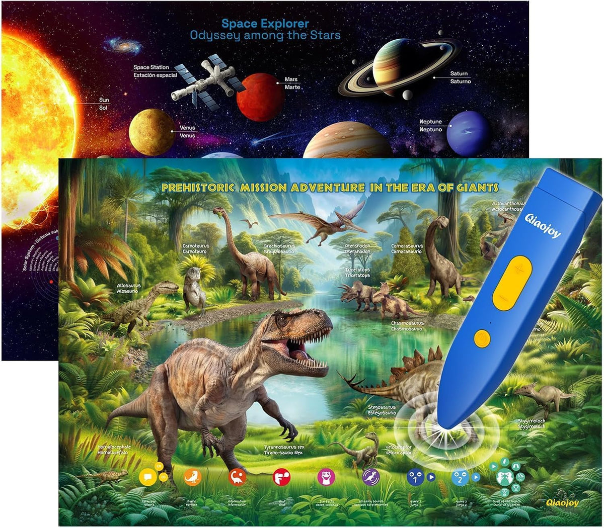 Qiaojoy Bilingual Interactive World Map for Kids Learning Educational - Space & Dinosaur Poster