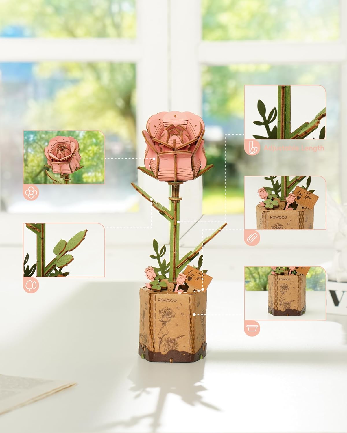 rowood 3D Puzzles for Adults - Pink Rose - image 4