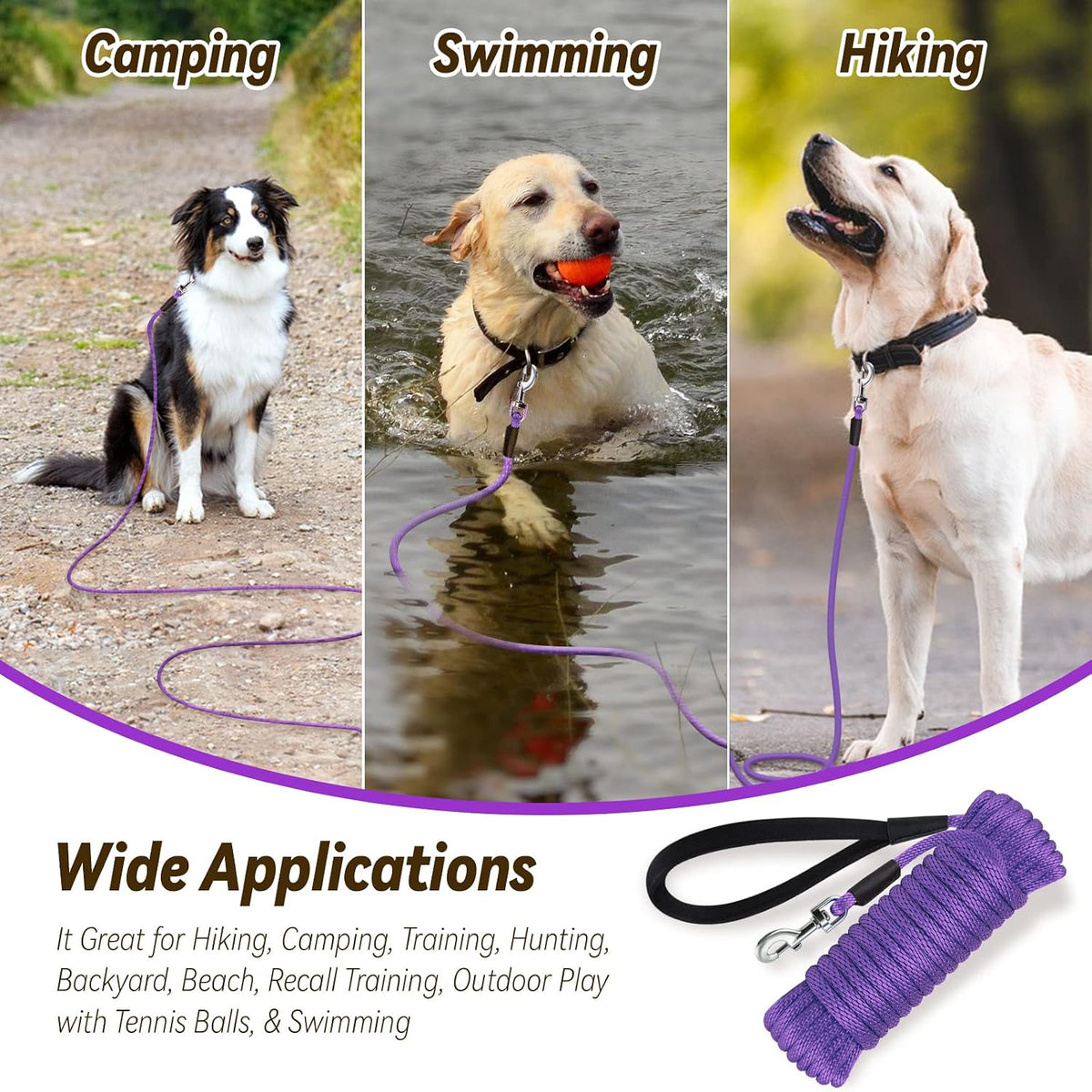 Check Cord Dog Leash Long Lead Obedience Recall Training Tracking - Purple / 3/8 inch * 50foot - image 3