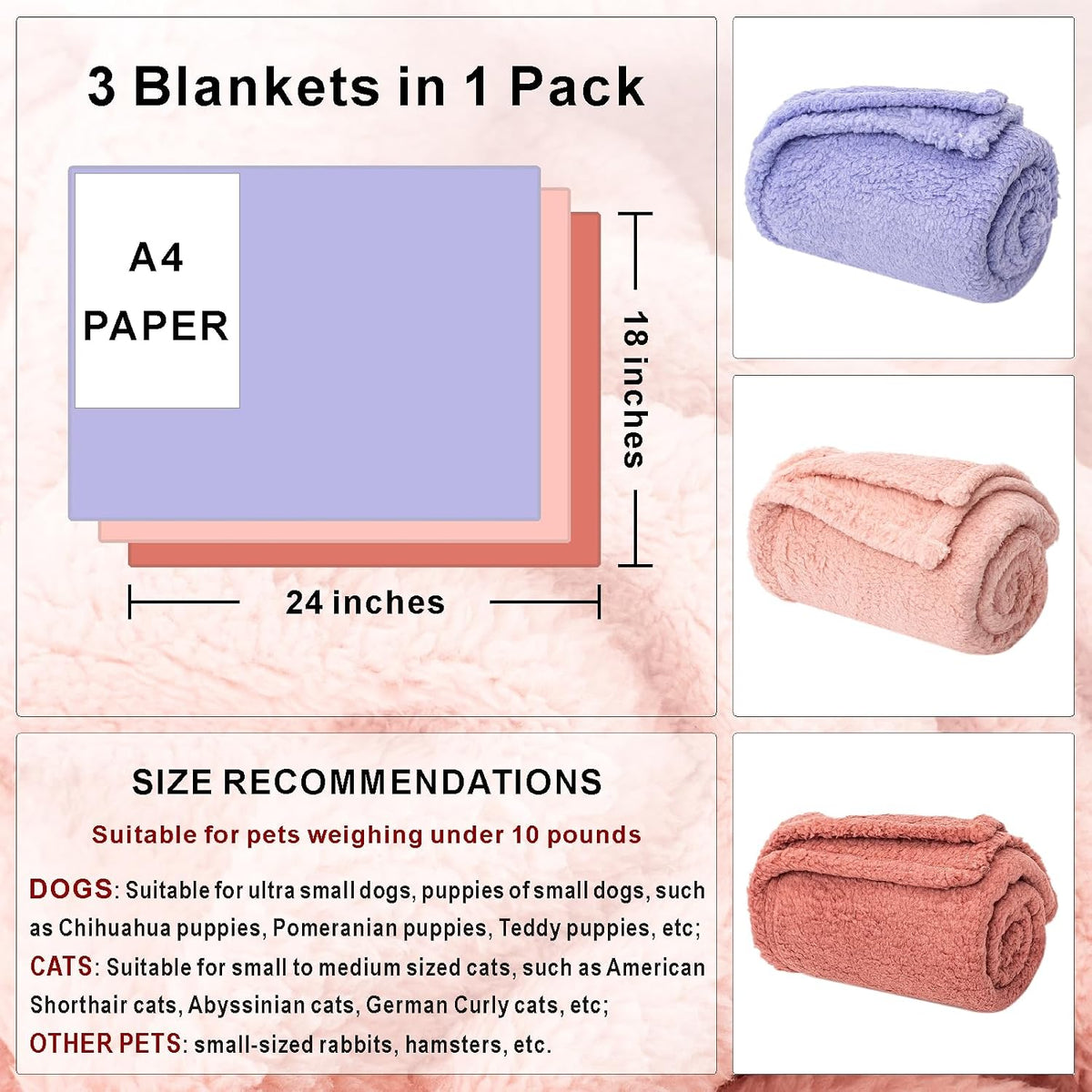 2 Blankets, Dog Cat Pet Blanket, Soft Warm Fleece, for Puppy - Lavender+pink+darkpink / 24"L x 18"W, 3/Pack - image 2