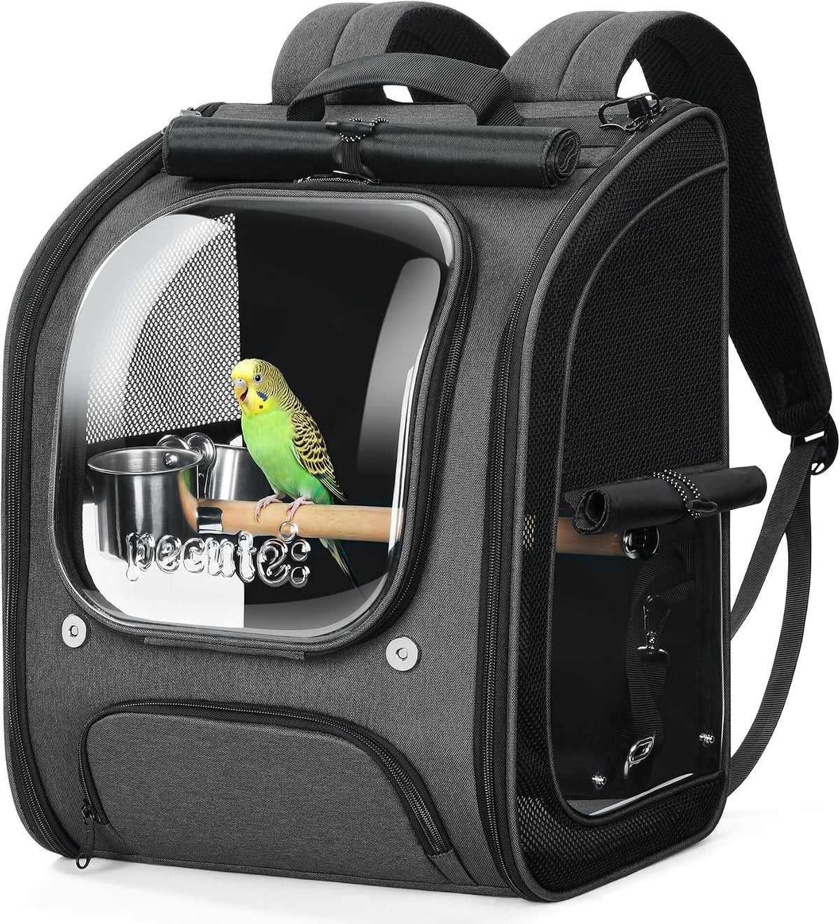 Pecute Bird Backpack Carrier with Standing Perch for Small Parrot - Grey