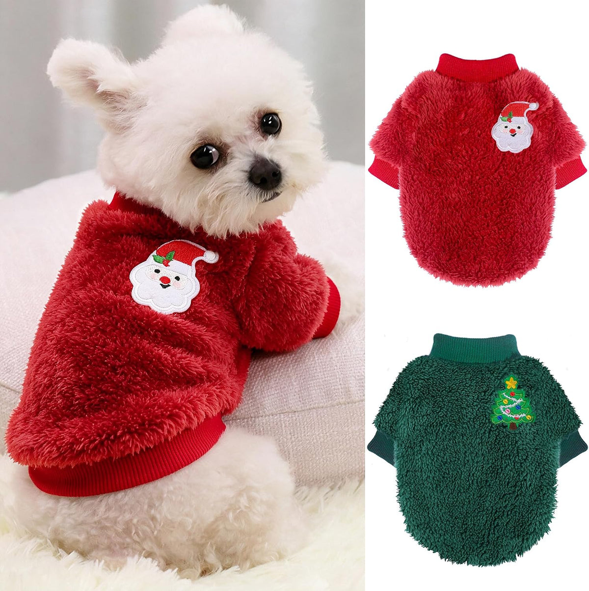 2 Pack XXS Dog Sweater, Tiny Dog Sweaters for Small Dogs Girl - Xmas Red, Green / X-Small