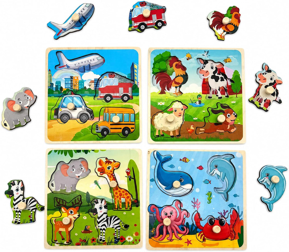 Wooden Peg Puzzles for Toddlers 1-3 - Style D