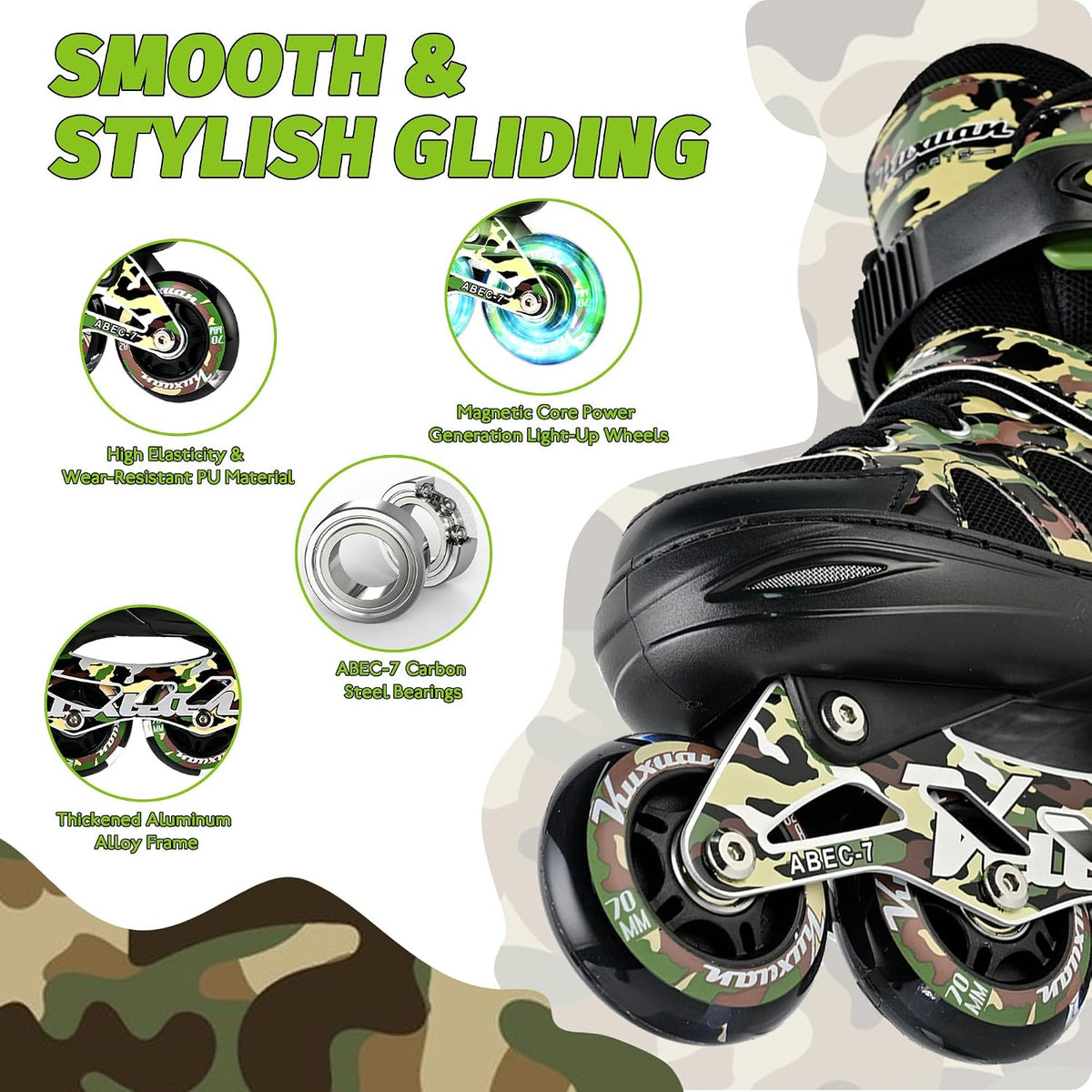 Kuxuan Boys Adjustable Inline Skates with Light up Wheels for Kids - Sand / Large(Kids 3-6 US) - image 4
