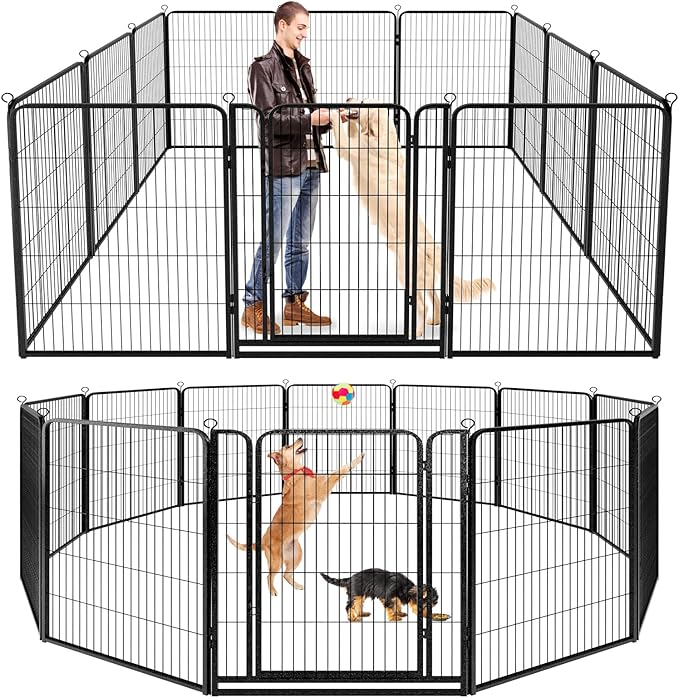 Dog Playpen Outdoor Extra Wide 12 Panels Heavy Duty Dog Fence 47" Height Anti-Rust with Doors Portable for RV Camping Yard, Total 32FT, 79 Sq.ft, Snowy Black