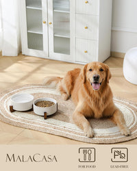 MALACASA Dog Bowl Set, Ceramic Bowls with Walnut Wood Stand - Rhombic+Polka Dots / 6 Cups - image 3