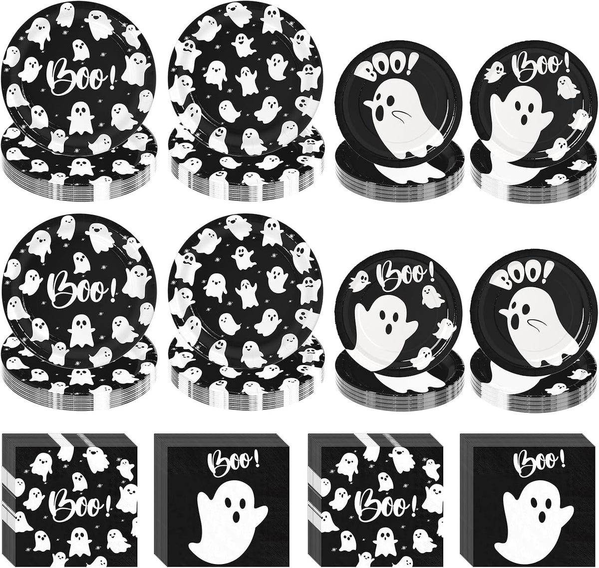 yunhuatdm 180 piece cute ghost Halloween plates and napkins set, black and white - view 10