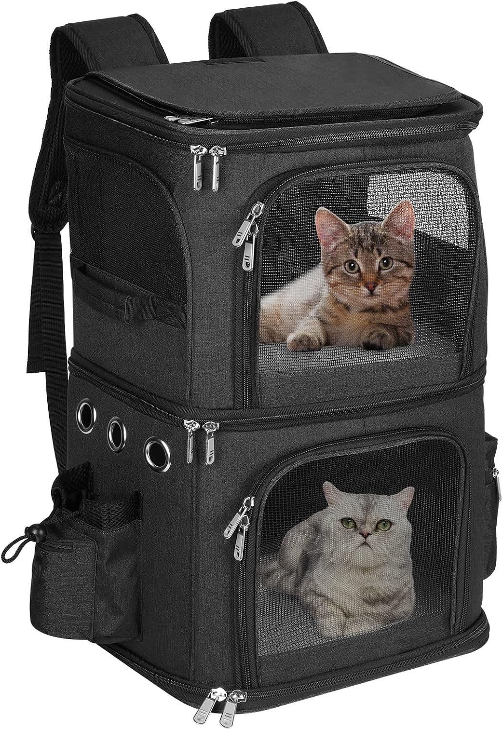 HOVONO Double-Compartment Cat Backpack Carrier for Mulit-Cat Families – Essentials for Dogs - 14.6"L x 11.2"W x 21.6"H / Black