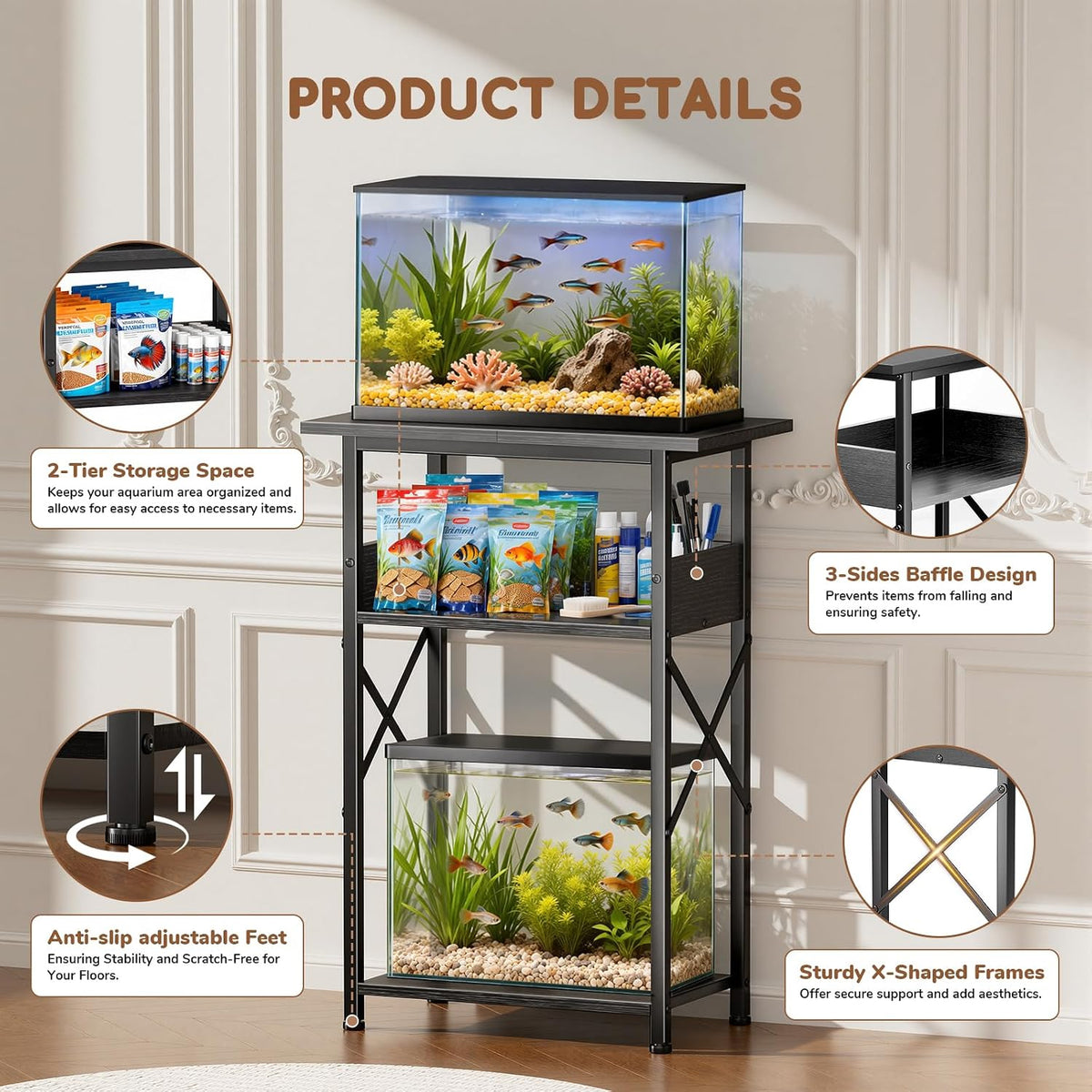 5-10 Gallon Fish Tank Stand with Storage Shelves - Black / 10 Gallon-3 Tier - image 3
