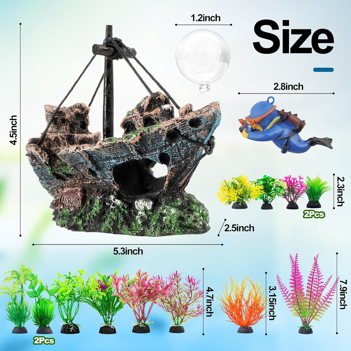 6 Pcs Aquarium Decor Set Shipwreck Decoration Little Diver Floating - 16 Pcs - image 3