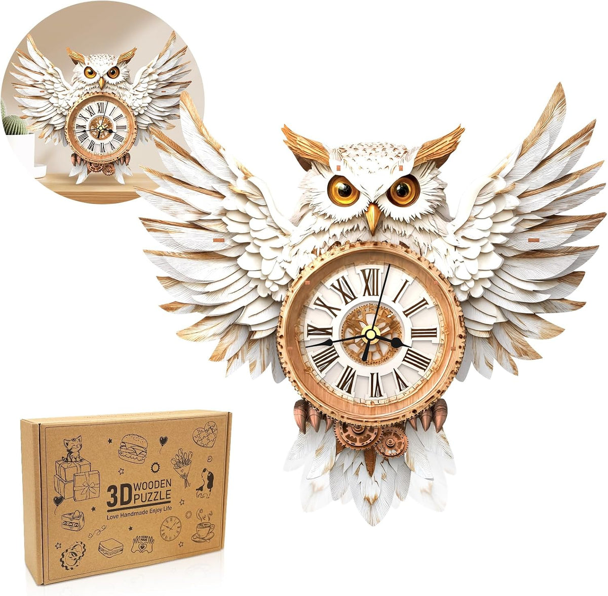 Halloween 3D Puzzles for Adults Halloween Puzzle Clock Adult Craft – Fun for Kids & Family - Snowy Owl Clock