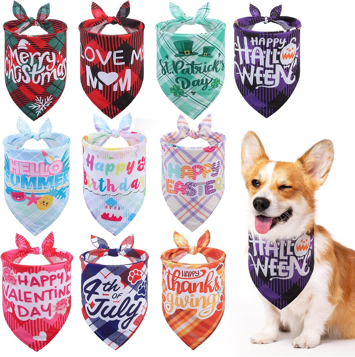 PAWCHIE Holiday Dog Bandanas 10 Packs - Holiday-Plaid(10 Pcs)